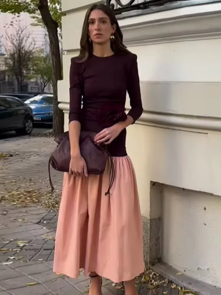 Vintage Women Ruffle Edge Splicing Full Sleeve Dress Fashion Round Neck A-line Maxi Dresses 2025 Lady Spring Highstreet Robe