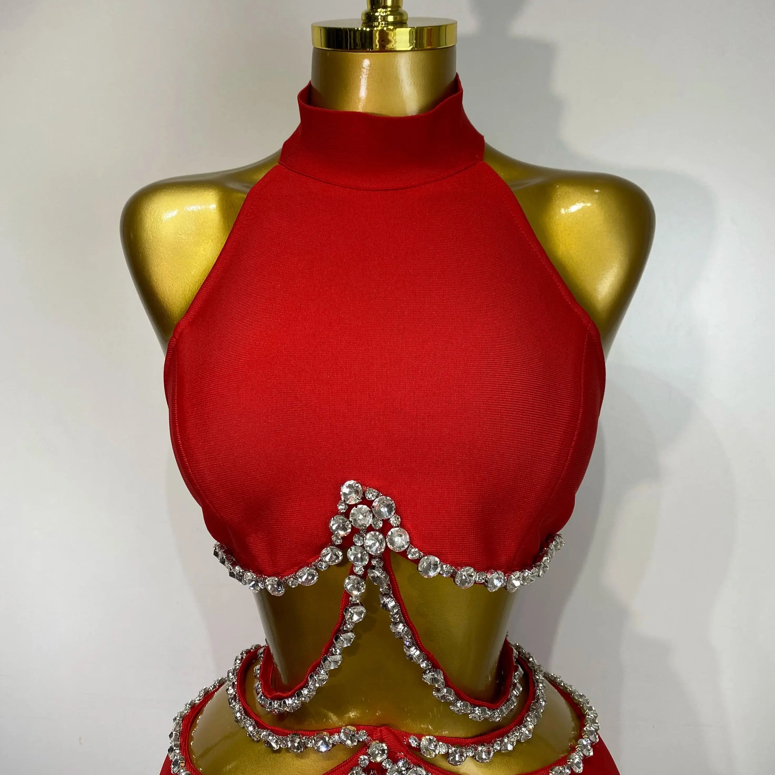 Women Luxury Rhinestone Red Sexy Cut Out Two Piece Pants Bandage Set 2025 Celebrity Designer Fashion Women's Set Stage Outfit