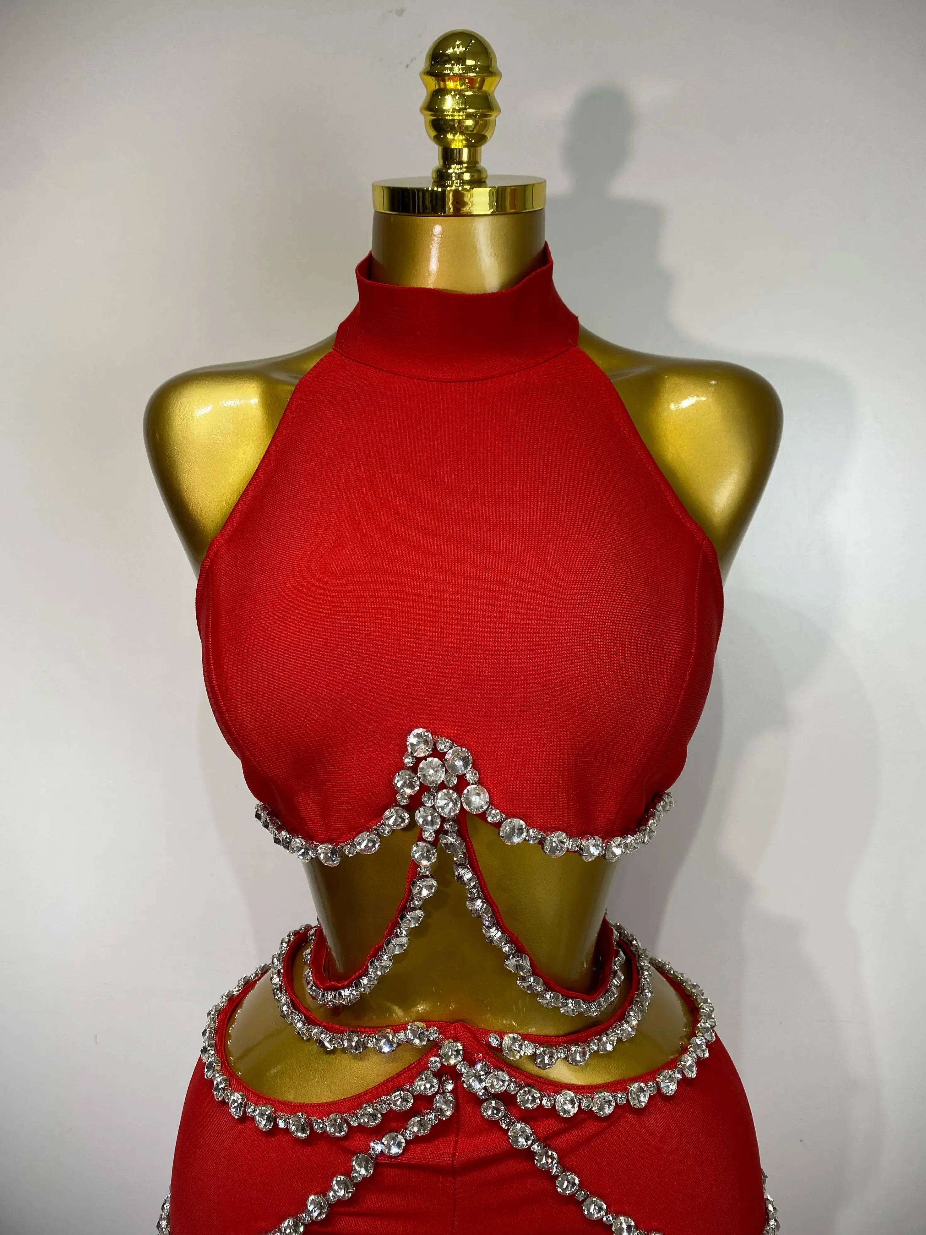 Women Luxury Rhinestone Red Sexy Cut Out Two Piece Pants Bandage Set 2025 Celebrity Designer Fashion Women's Set Stage Outfit