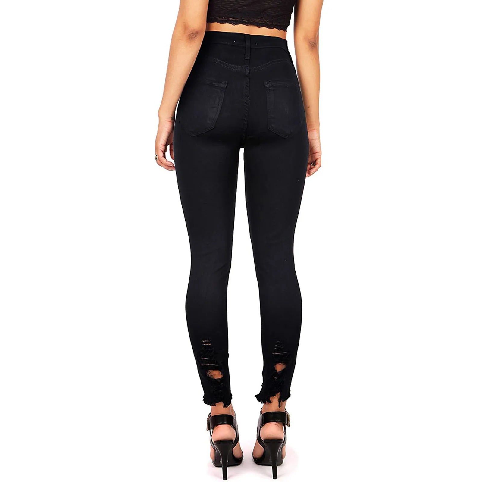 Women's Denim Pants Solid Button High Waisted Wide Leg Jeans Stretchy Distressed Denim Pants