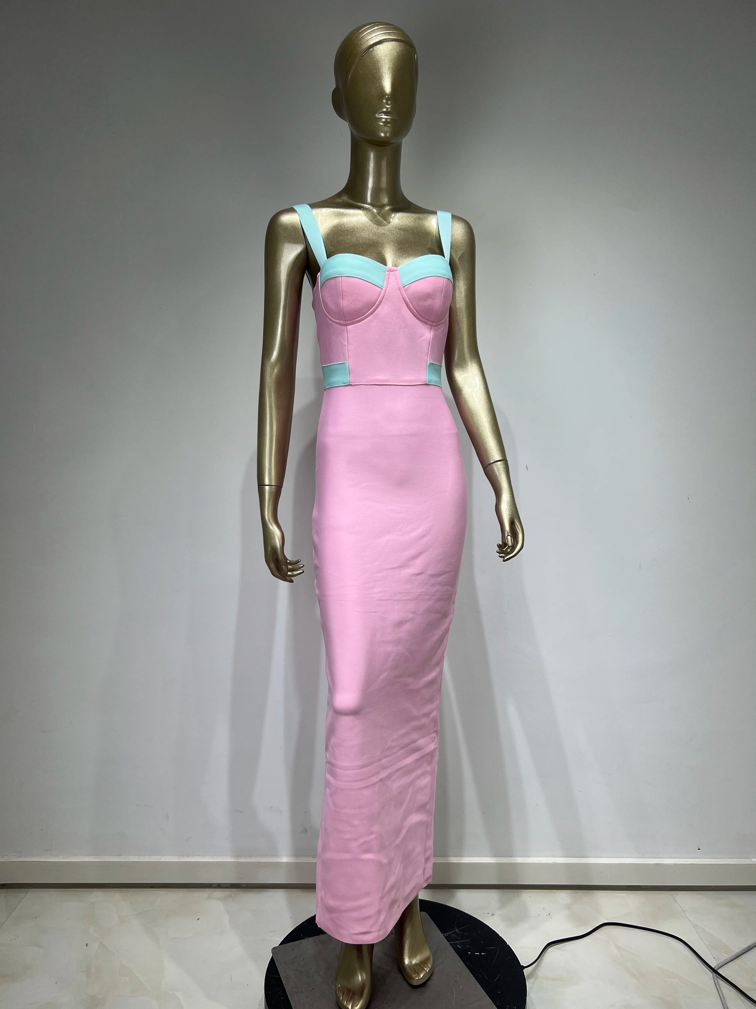 Women Summer Fashion Sexy V Neck Pacthwork Pink Maxi Long Bandage Dress 2023 Celebrity Elegant Evening Club Party Dress