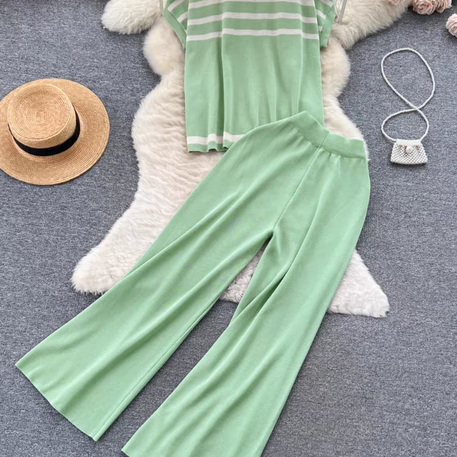 Spring Women Sweater Set Casual Pullovers Suits Winter Knitted Loose Striped Sleeveless Elegance Tops Wide Leg Pants Green