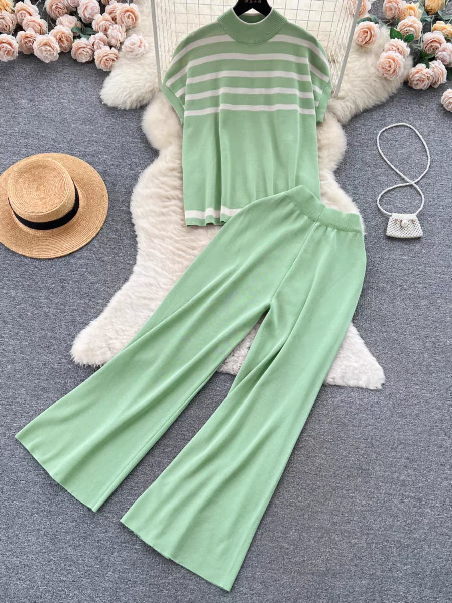 Spring Women Sweater Set Casual Pullovers Suits Winter Knitted Loose Striped Sleeveless Elegance Tops Wide Leg Pants Green