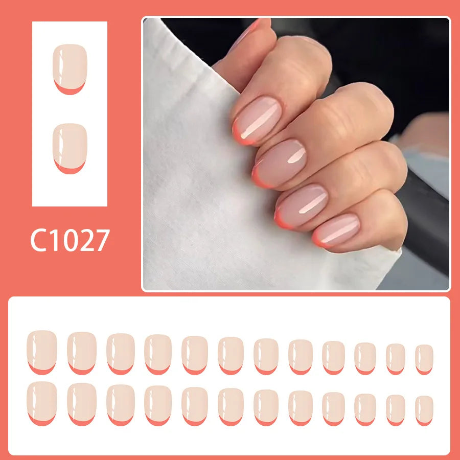 Sweet Girls Blush Pink False Nails 24Pcs Short Square Silver French Press On Nails Nude Color Wearable Fake Nails Patches