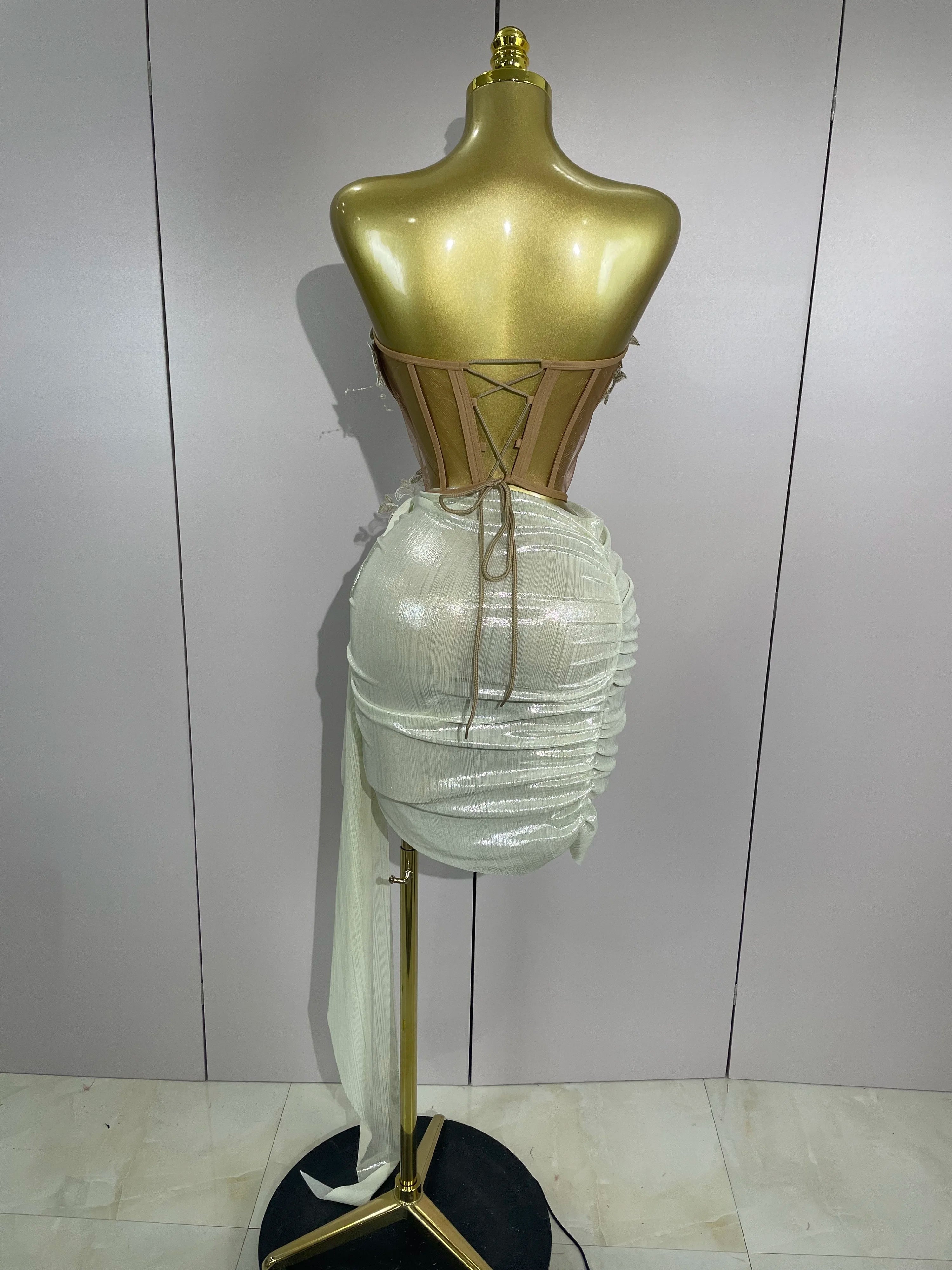 STOCK Luxury Shining Pearls Sexy Asymmetrical Skirt 2 PCS Set 2025 Women Evening Birthday Party Stage Dancer Performance Costume