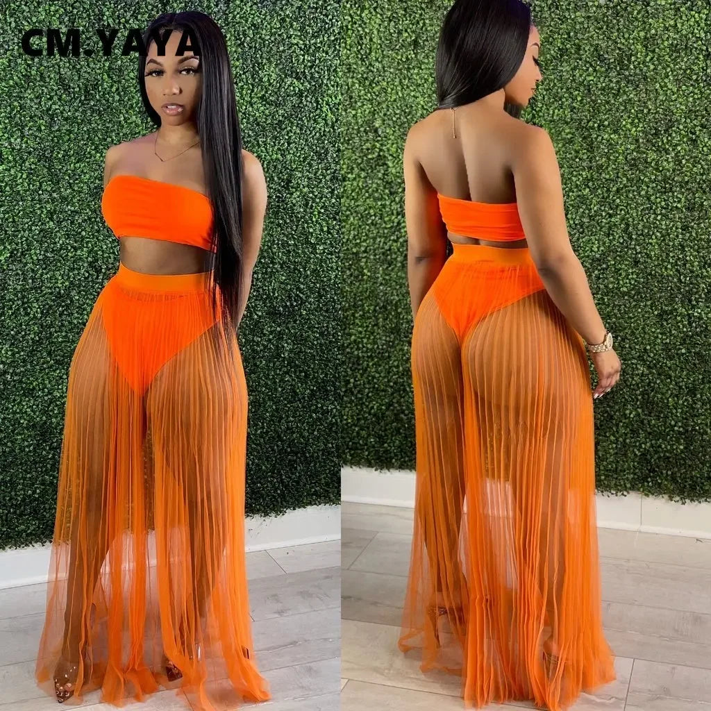 CM.YAYA Women Mesh See Though Two Piece Set Sexy Beach Strapless Tops and Pleated Maxi Skirts Matching Set Summer Outfits