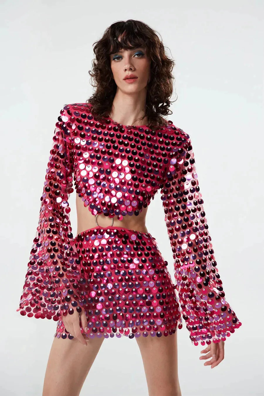 Sequins Hollow Out Mini Dress Woman Fashion Long Flare Sleeve Slim Glitter Dresses High Street Evening Party Club Mini Vestido Rose red