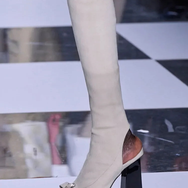 Women's Spring/Summer New Knee Long Women's Boots Fish Mouth Side Zipper Elastic Mid Sleeve Boots 44 Large Women's Boots apricot