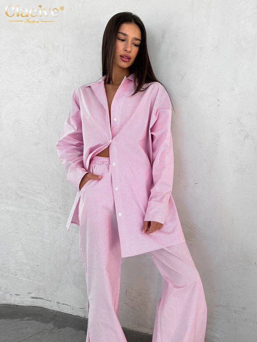 Clacive Fashion Loose Blue Stripe Cotton 2 Piece Sets Women Outfit Elegant Long Sleeve Shirt With High Waist Wide Pants Set Pink