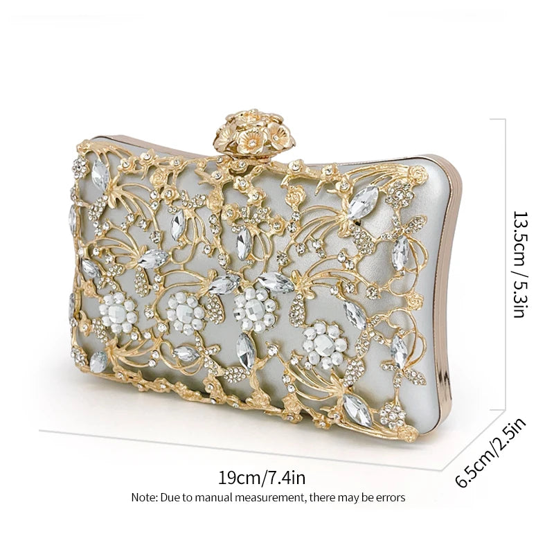 Hollow Rhinestone Evening Bag Elegant Box Clutch Purse Women's Handbags For Party Prom Wedding Silver