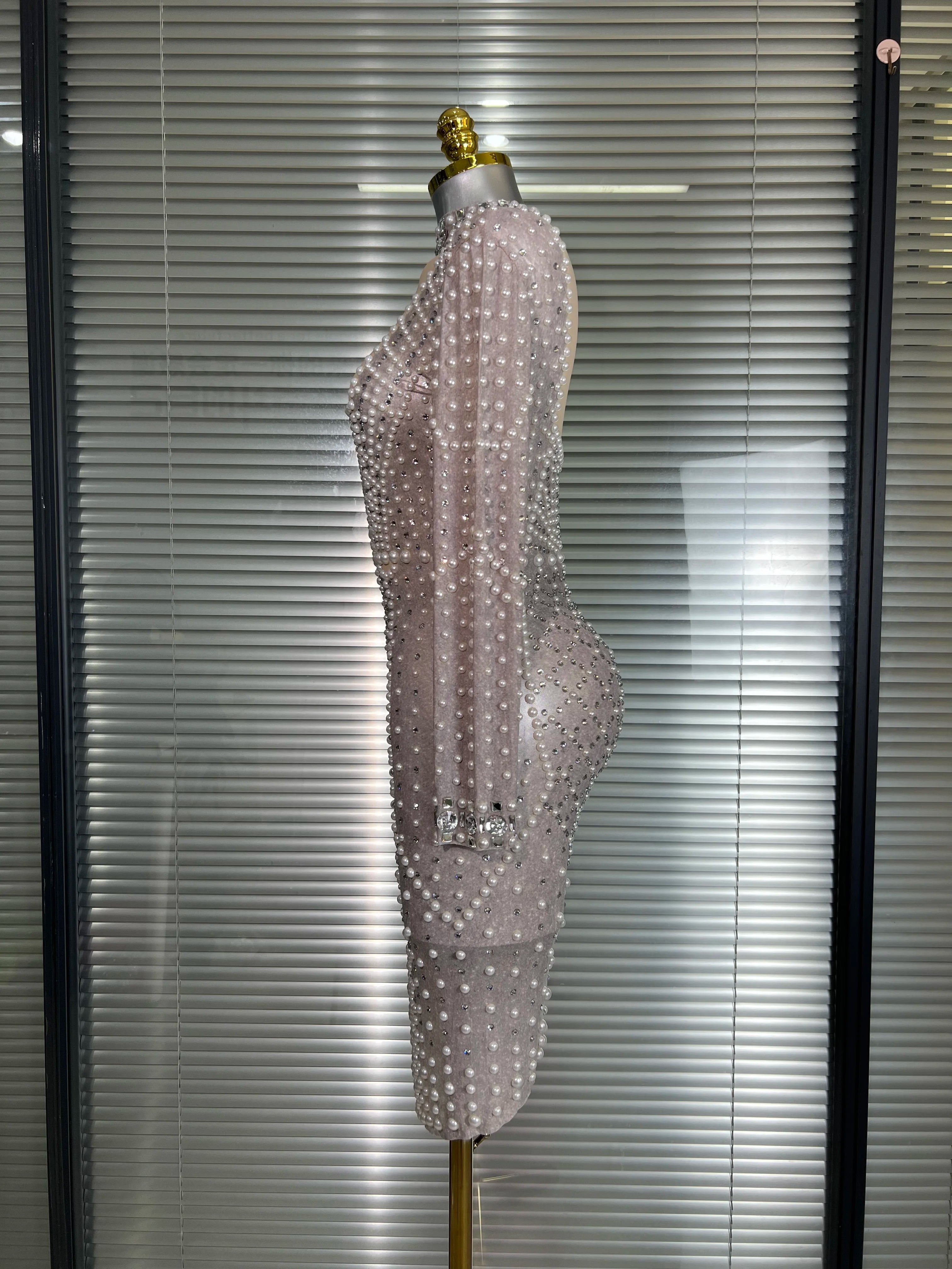 New Women Sexy Long Sleeve Stretched Mesh Sequins Party Dress See Through Party Singer Party Costume Stage Performance Dress