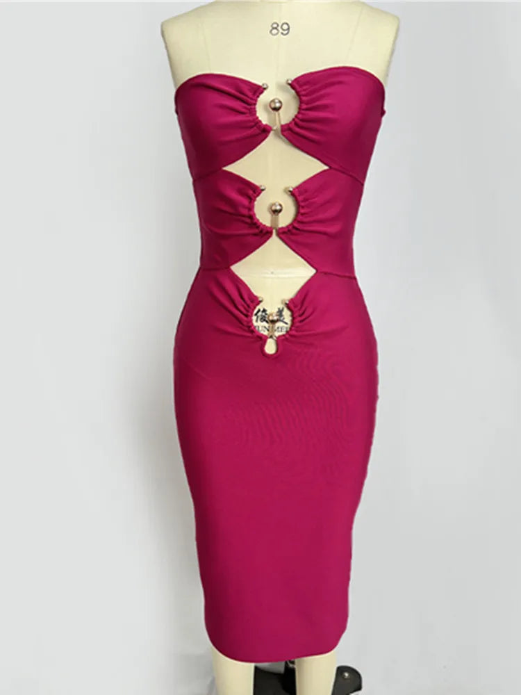 Women Summer Sexy Strapless Backless Hot Pink Black Sequined Midi Bandage Dress 2023 Knitted Elegant Evening Club Party Dress