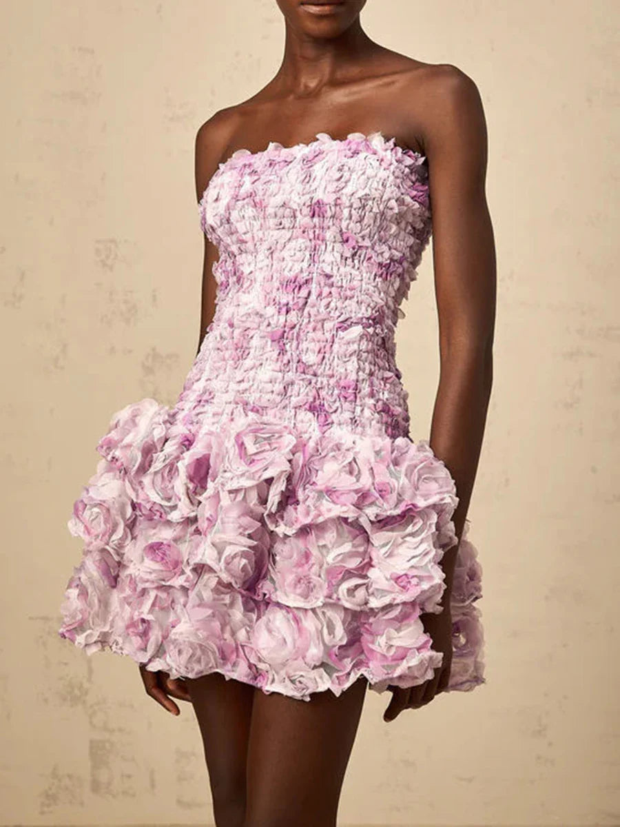 Vestidos temperamentais da moda com blocos de cores para mulheres, sem alças, sem mangas, patchwork, flores 3D, roupa feminina