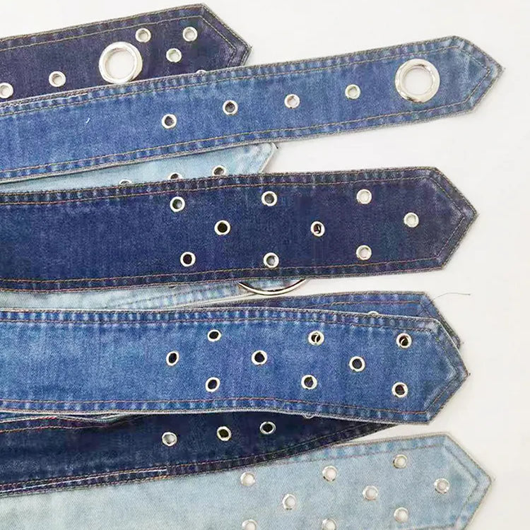 DEAT Fashion Women's Denim Skirt Low Waist Washed Irregular Metal Hole Belt Spliced A-line Skirts Autumn 2023 New Tide 7AB767