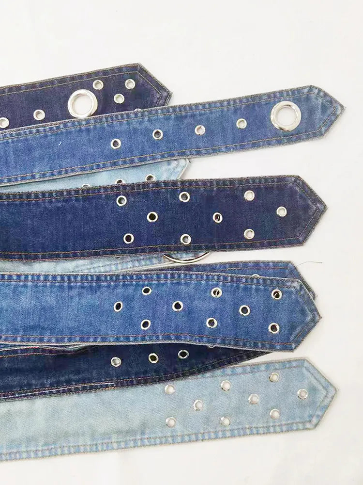 DEAT Fashion Women's Denim Skirt Low Waist Washed Irregular Metal Hole Belt Spliced A-line Skirts Autumn 2023 New Tide 7AB767