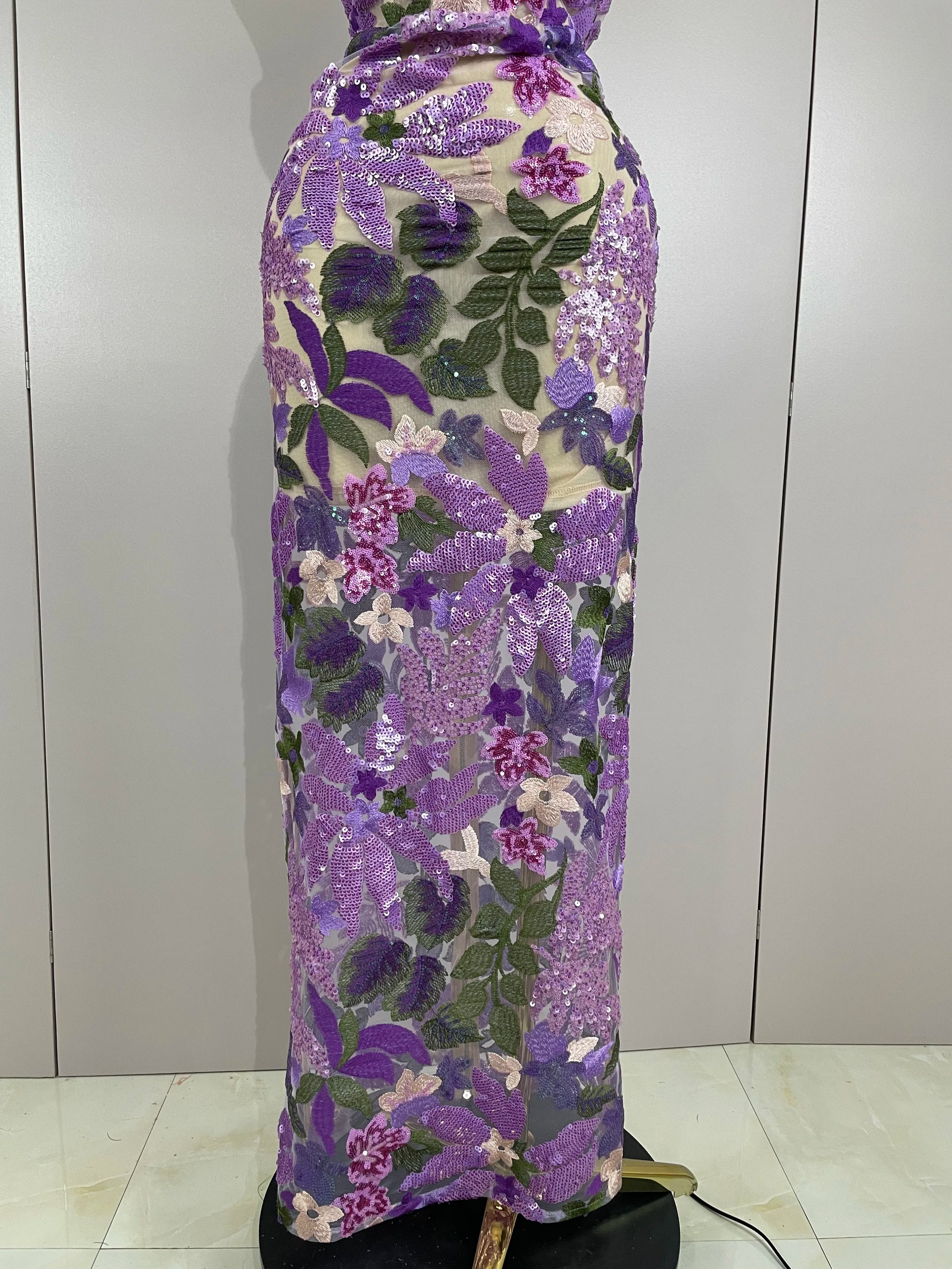 Vestido longo sensual sem alças com lantejoulas florais e costas nuas, vestido longo e fino para festa à noite, vestido de passarela, 2025