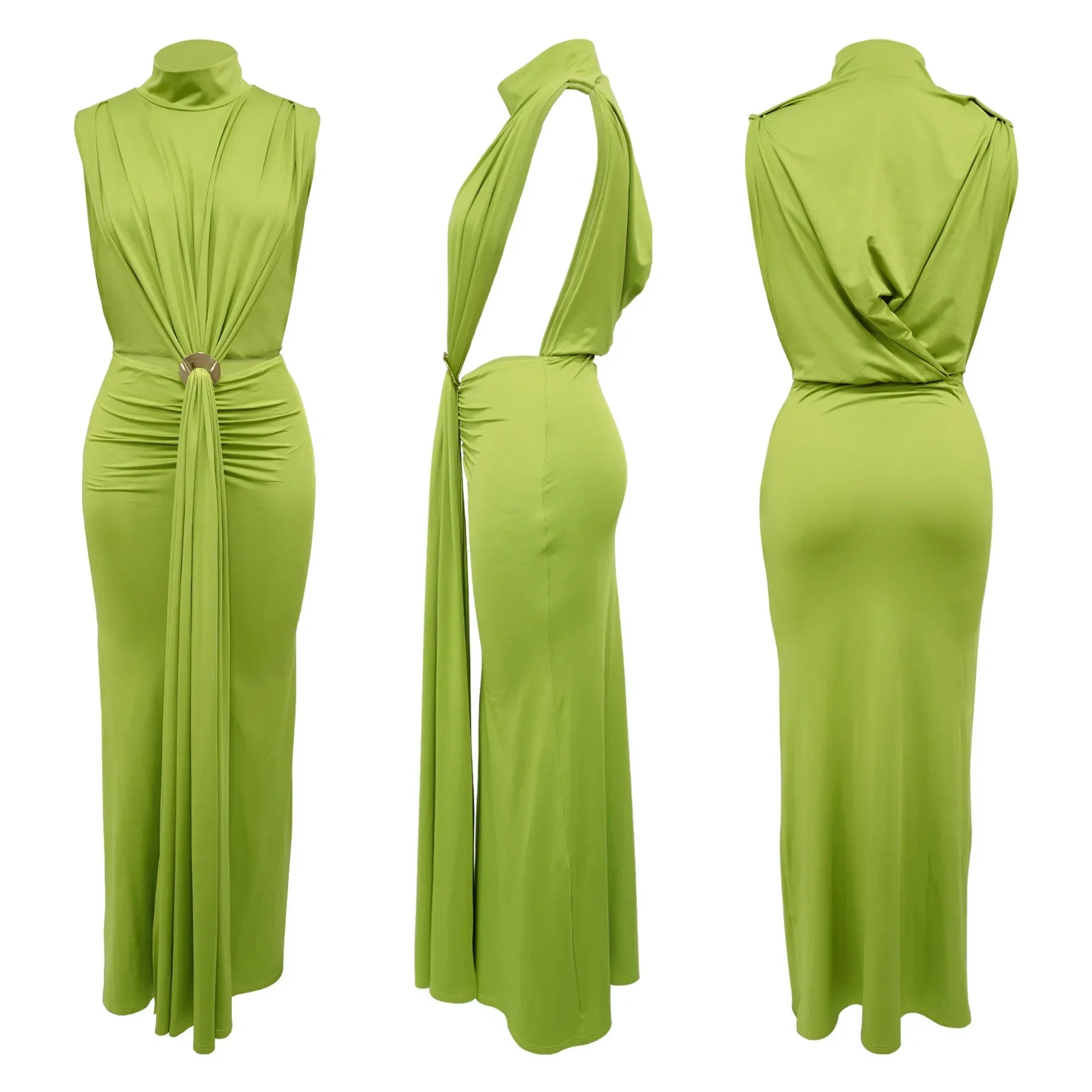 CM.YAYA Women O-neck High Split Ruched Stacked Bodycon Midi Maxi Dress 2024 Evening Party Club Vestidos Sexy Chic Long Dresses
