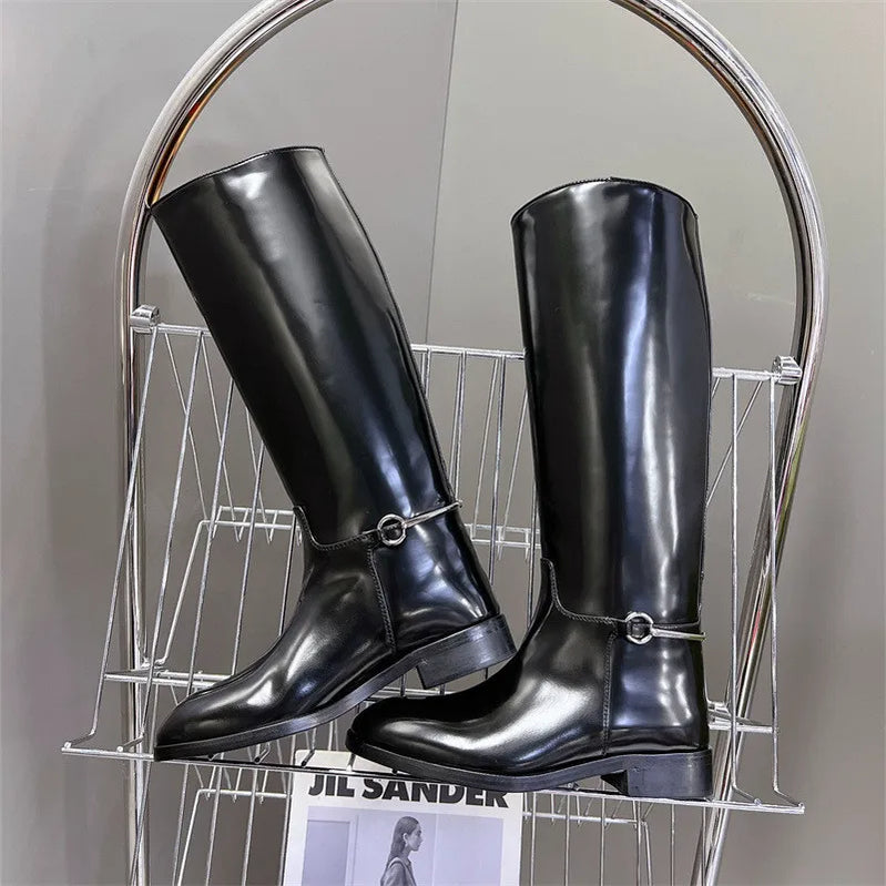 Botas femininas de cano alto, bico redondo, salto baixo, sexy, sem cadarço, para motocicleta, outono e inverno