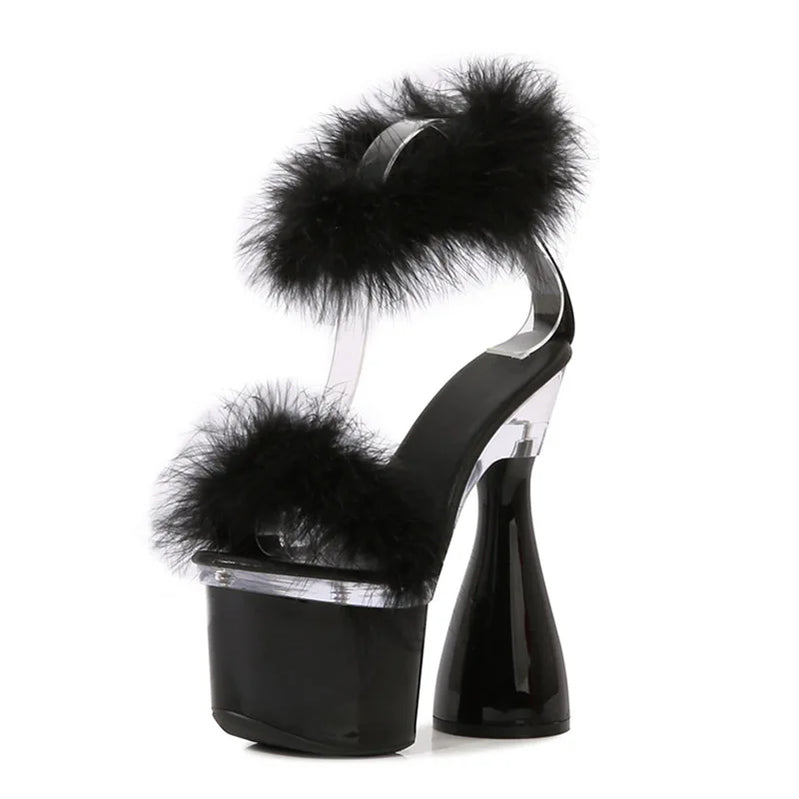 Women's 17.5CM Ultra High Heel Black White Red Platform Sandals Summer Fashion Furry Open Toe Nightclub Stage Round Heels Shoes