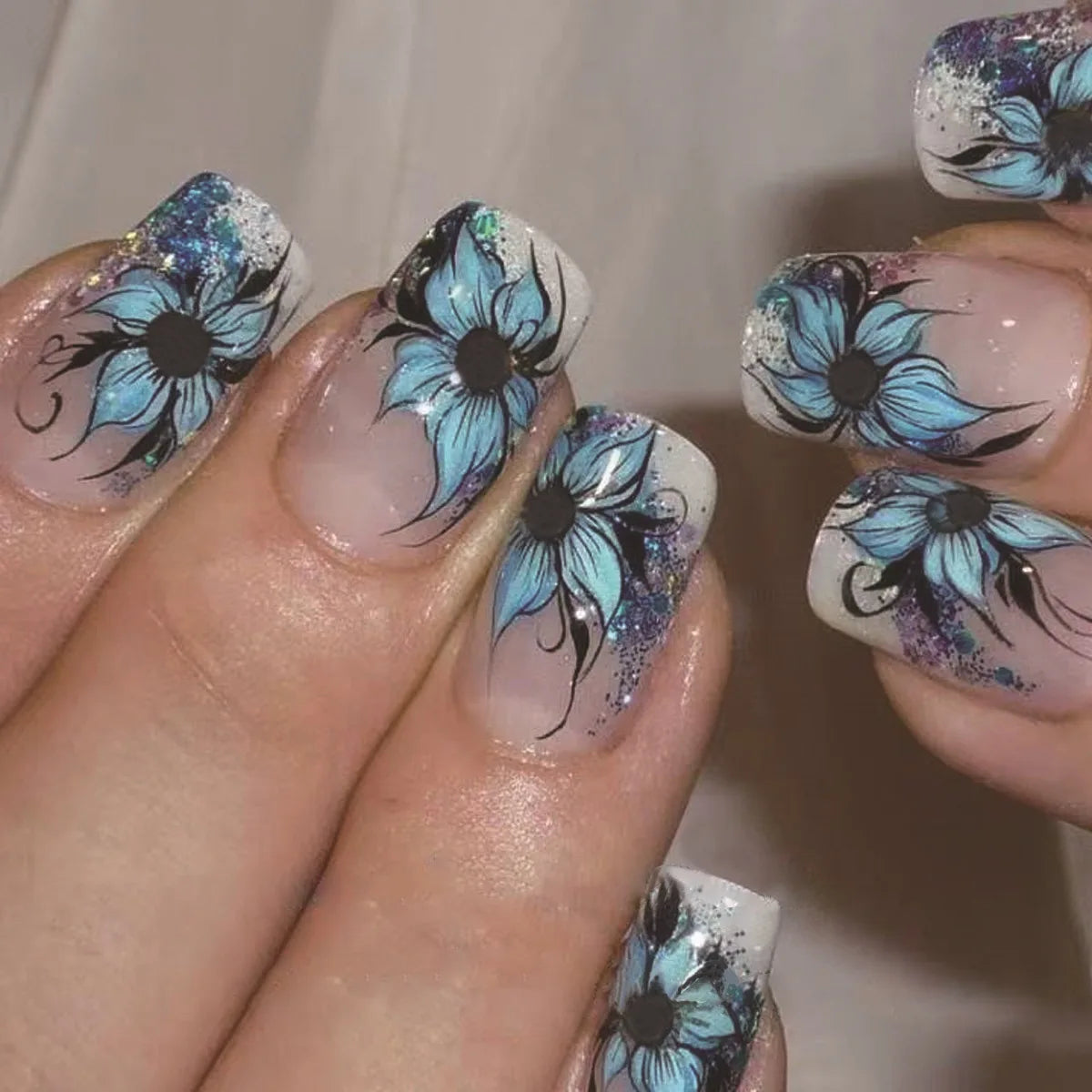 24pcs/set Medium long fake nails yellow dragon flowers feather design for Spring summer Square almond tips press on false nail