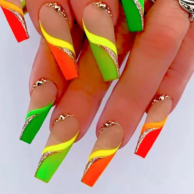 24Pcs Artificial Ballet Nails Set Long Coffin Fake Nails with Gradient Flower Design Wearable Frenchfull Cover Press on Nail Tip