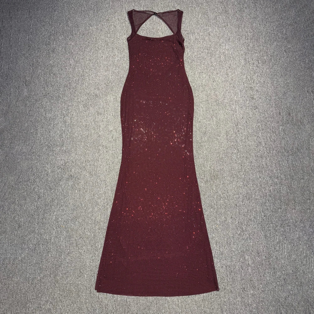 VC Multi Colours Shiny Rhinestones Mesh Patchwork Long Dress For Women Backless Slim Bodycon Evening Party Cocktail Gowns