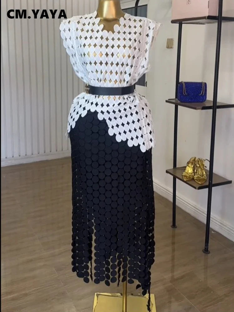 CM.YAYA Women Cutout O-neck Crop Top and Bodycon Midi Slim Maxi Long Skirt Suit 2025 Summer Vacation Sexy Two 2Piece Set Outfits white-black-belt One Size