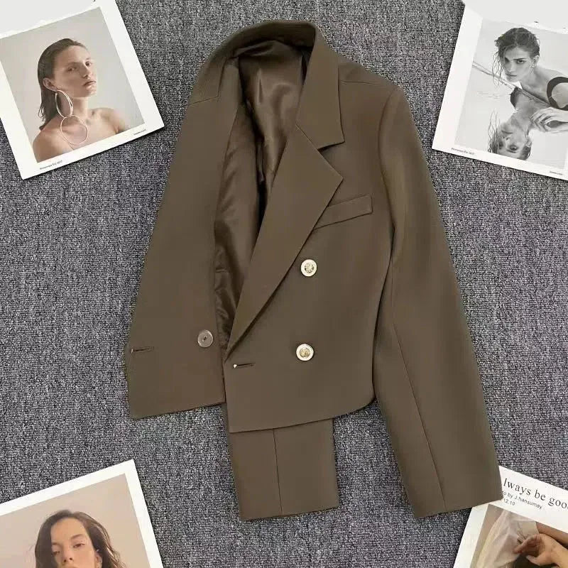 Spring Women's Cropped Blazer Jackets Casual Loose Long Sleeve Suit Coat Woman Korean Chic Double-Breasted Outerwear Coffee