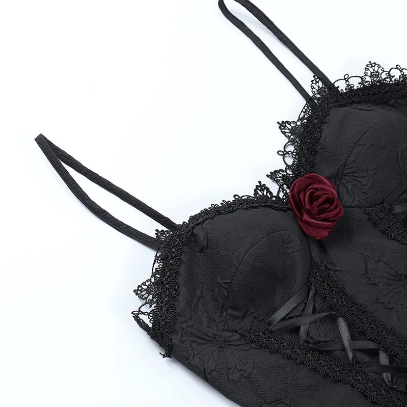 Goth Dark Tie Up Mall Gothic Elegant Women Dresses Grunge Aesthetic Jacquard A-Line Dress Emo Lace Trim Black Party Alt Clothes