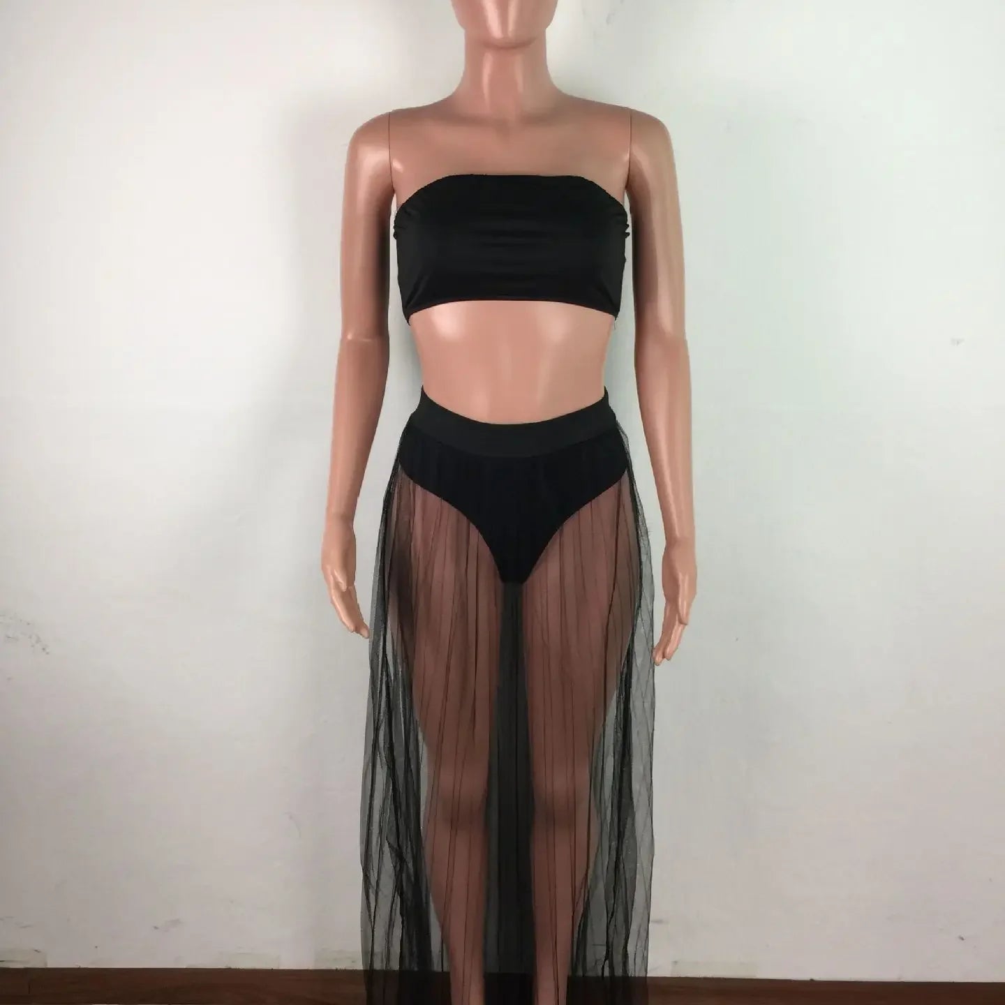 CM.YAYA Women Mesh See Though Two Piece Set Sexy Beach Strapless Tops and Pleated Maxi Skirts Matching Set Summer Outfits