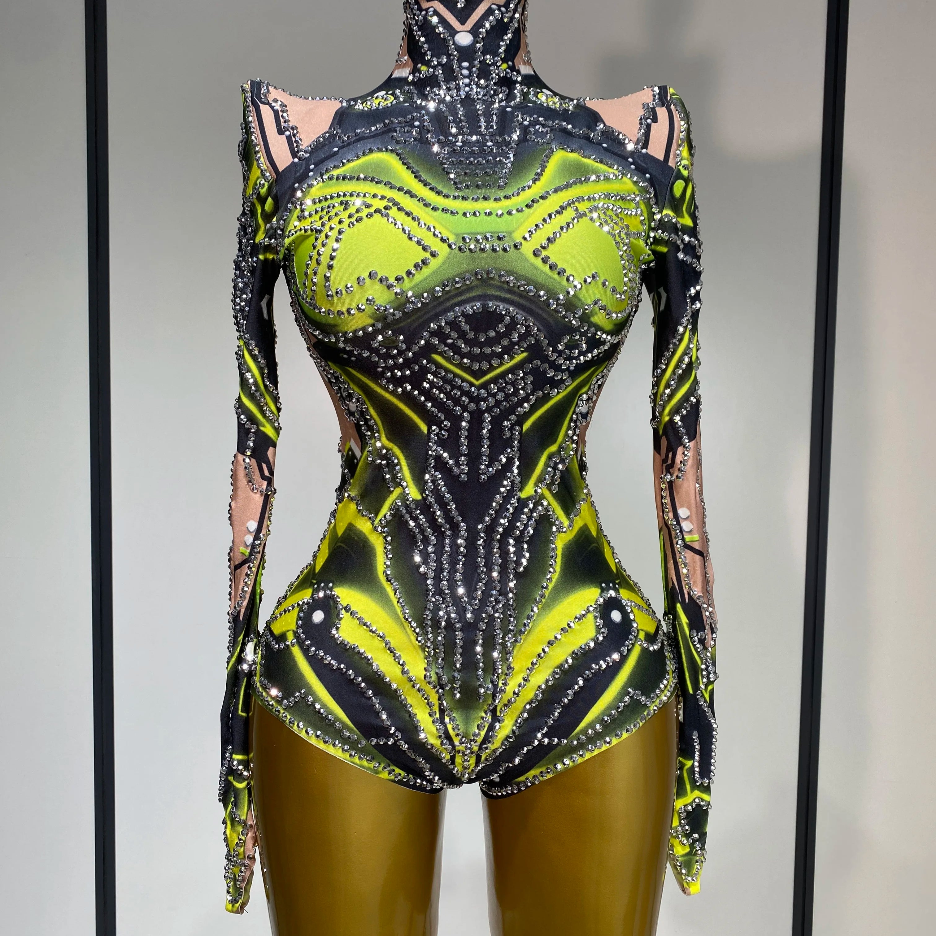 Women Sparkly Rhinstones High Street Bodysuit Performance Dance Singer Costume Nightclub Evening Party Birthday Stage Outfit