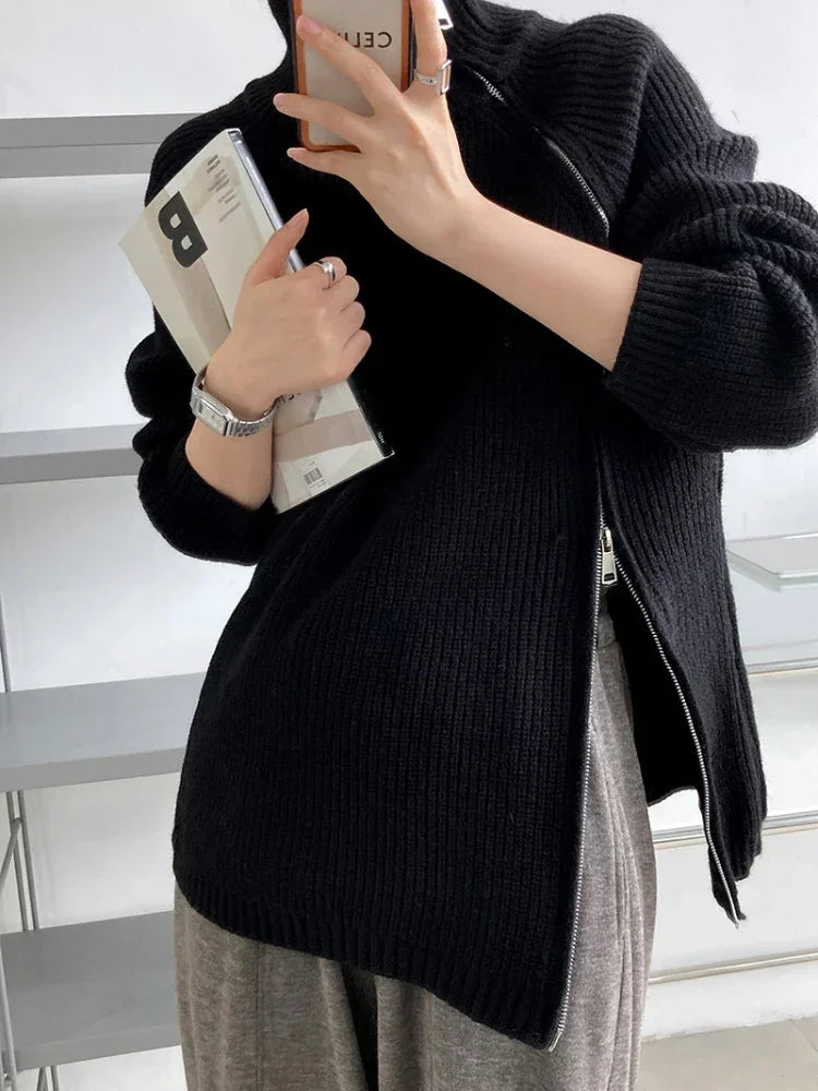 Women's Turtleneck Zipper Oversize Fashion Women Sweaters Autumn Knitwears Loose Thick Warm High Neck Solid Pullovers Women black
