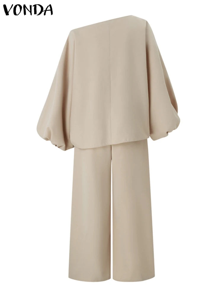 Plus Size VONDA Women Outfits Casual Slanted Collar Tops Elastic Waist Wide Leg Pant Sets 2024 Elegant Solid Pants Suits 2PCS