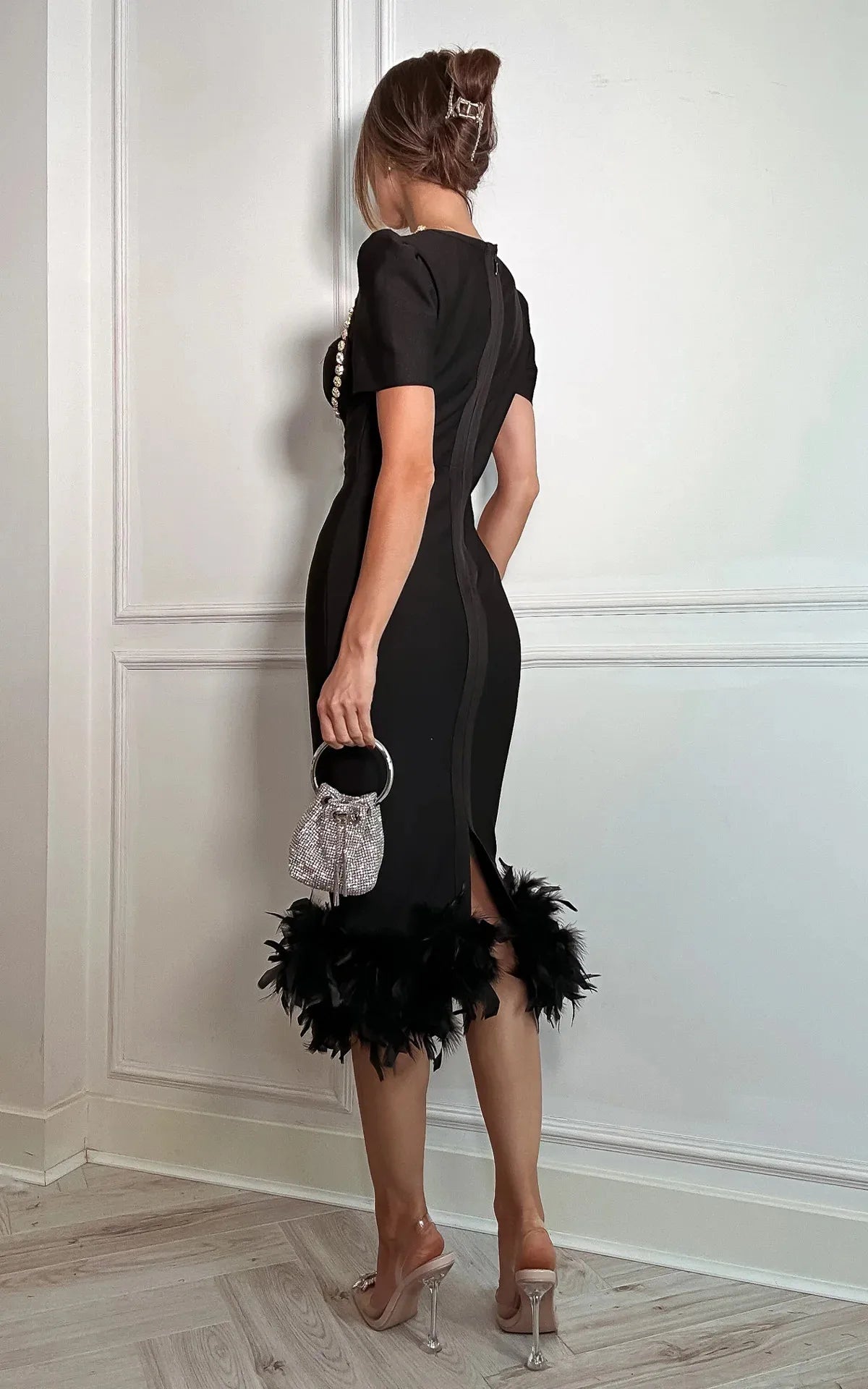 Black Color Women Sexy Sqaure Collar Short Sleeve Bodycon Bandage Mid-calf Dress Celebrate Evening Party Cocktail Dress