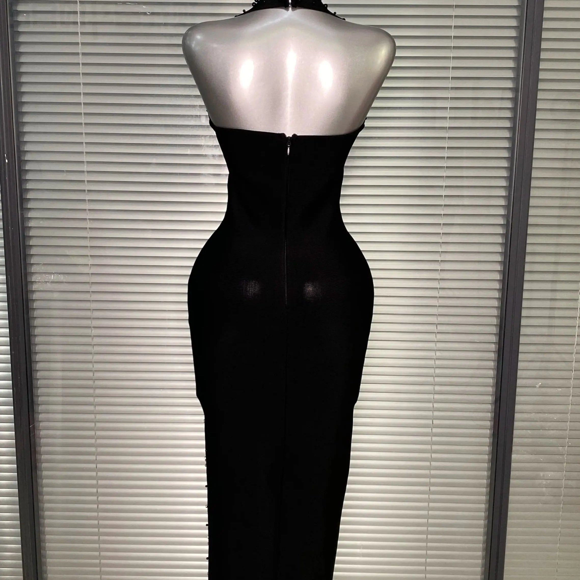 Summer New 2025 Women Black Halter Long Bodycon Bandage Dress Crystal Beaded Backless Evening Party Dress Vestido