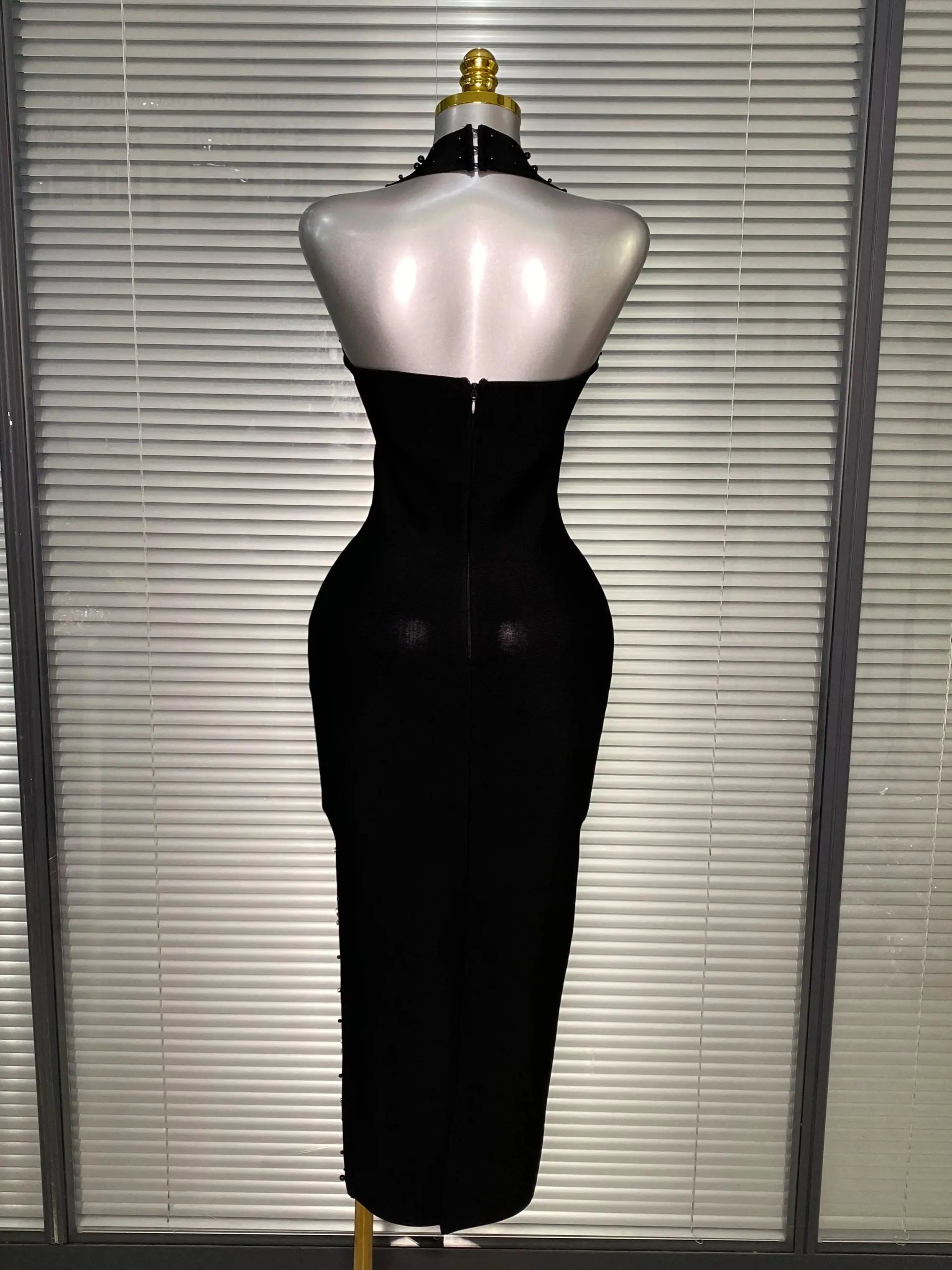 Summer New 2025 Women Black Halter Long Bodycon Bandage Dress Crystal Beaded Backless Evening Party Dress Vestido