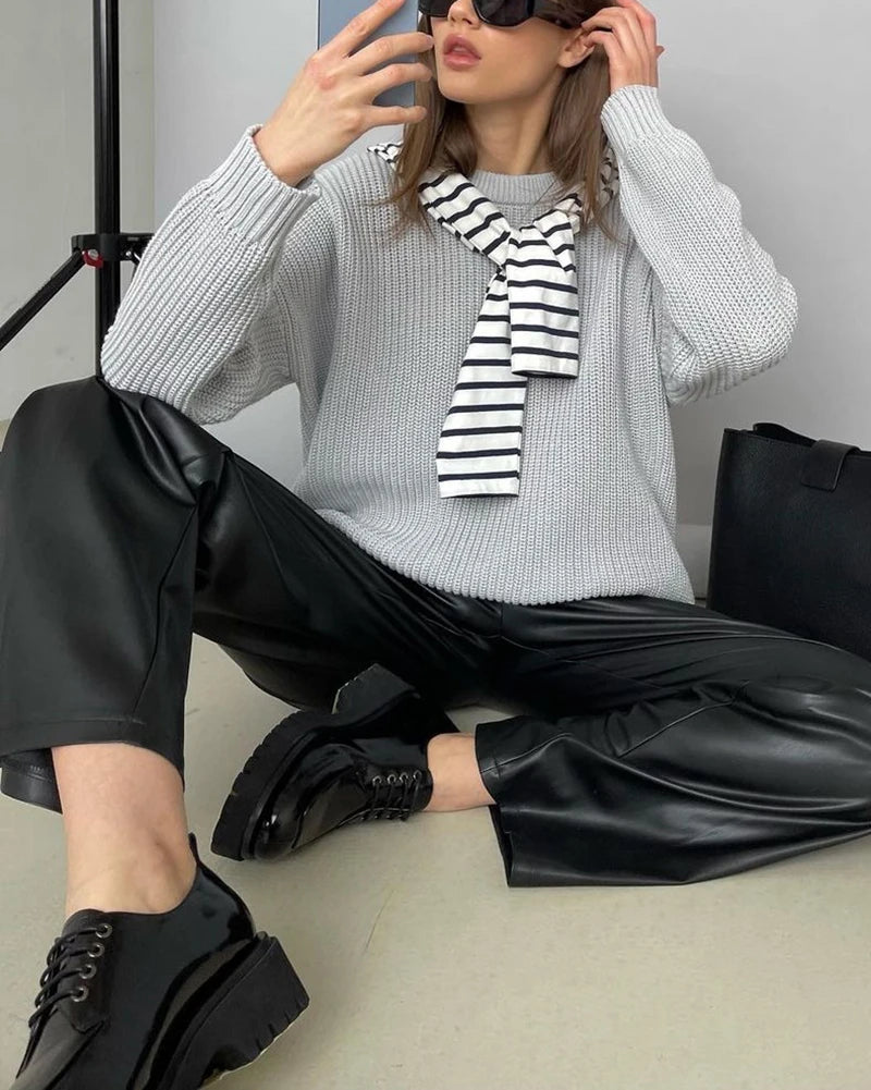Autumn Winter Loose Straight Leather Pants Women High Waisted Faux Leather Trousers Female Vintage Black Pants