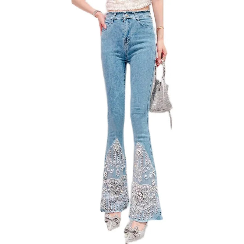 Women Jeans Summer New Korean Style Sweet Heavy Beads Luxury Rhinestone Blue Jeans Elegant Slimmin Bootcut Pants Fashion
