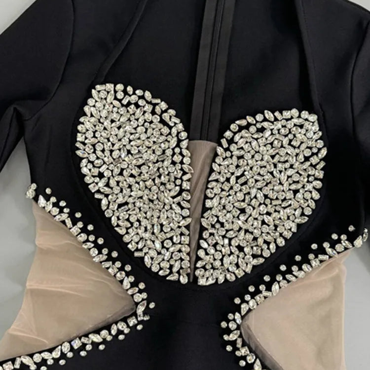 Vestido longo de bandagem preto, sexy, de manga comprida, com decote em V e contas, para mulheres, celebridades, 2025, elegante, para festa à noite