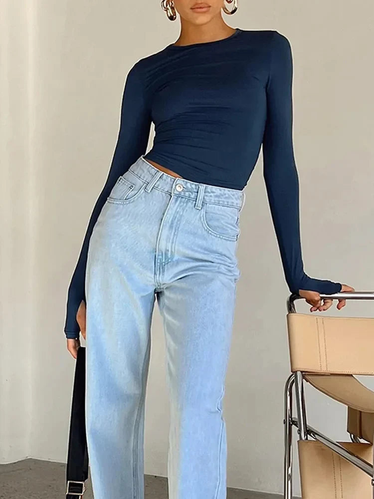 Fashion Women T-shirt Long Sleeve Crew Neck Solid Slim Fit Ladies Crop Top with Thumb Holes for Daily Streetwear Summer Camis Blue