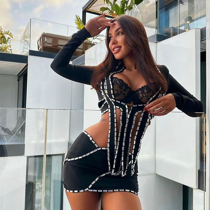 High Quality Women Long Sleeve Shinning Crystal 2 Pieces Bodycon Mini Bandage Dress Rayon Fashion Nightclub Party Birthday Dress