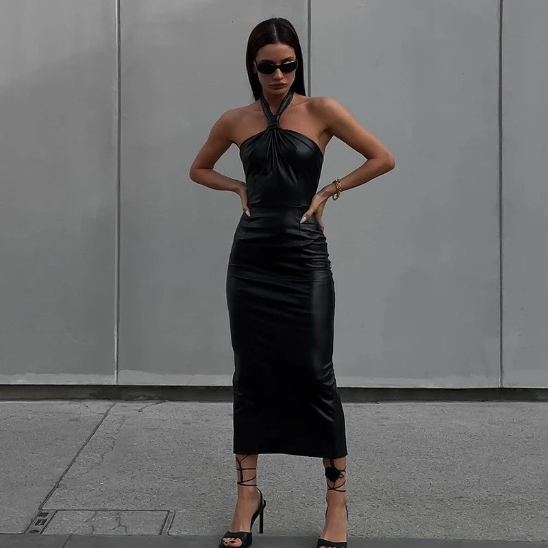 Women's Elegant Skirt Autumn Spice Girls Sexy Backless Long Dress Fashion Temperament Slim Neck PU Leather Dresses