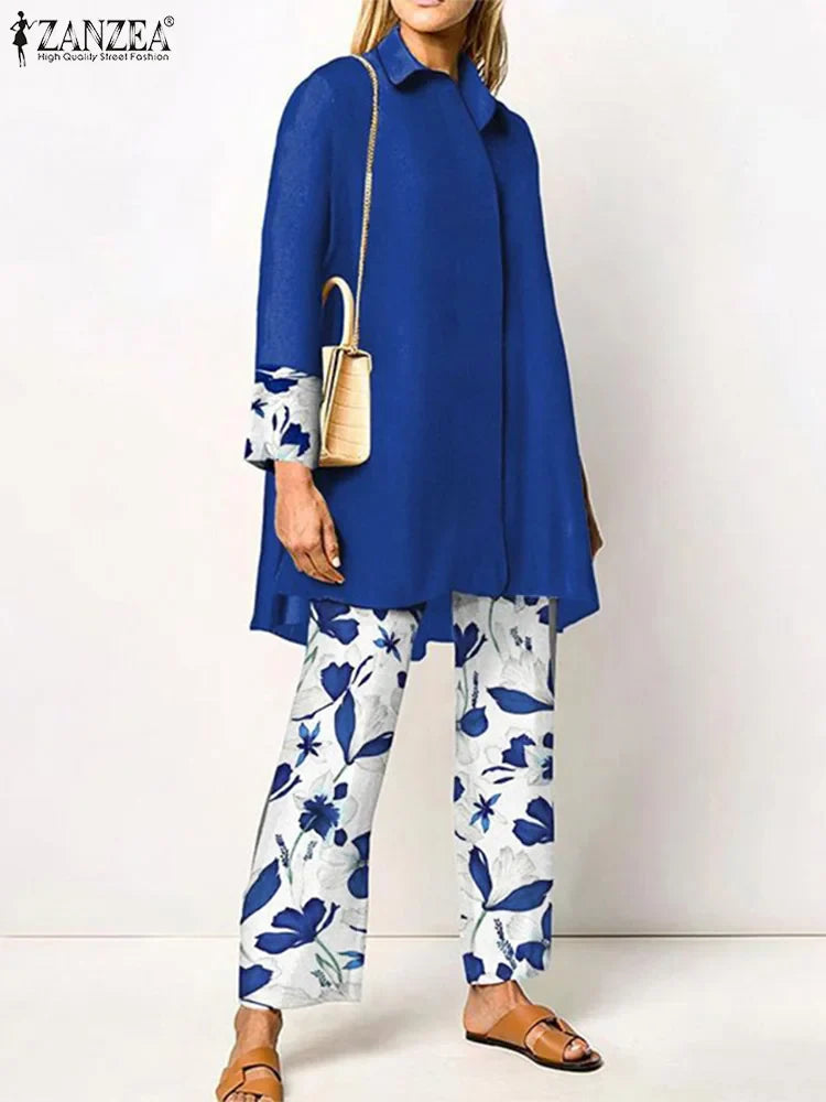 Fashion Retro Printed 2pcs Pant Sets ZANZEA Holiday Long Sleeve Lapel Shirts Outfits Elegant Women Long Trouser 2023 Tracksuit B-Blue