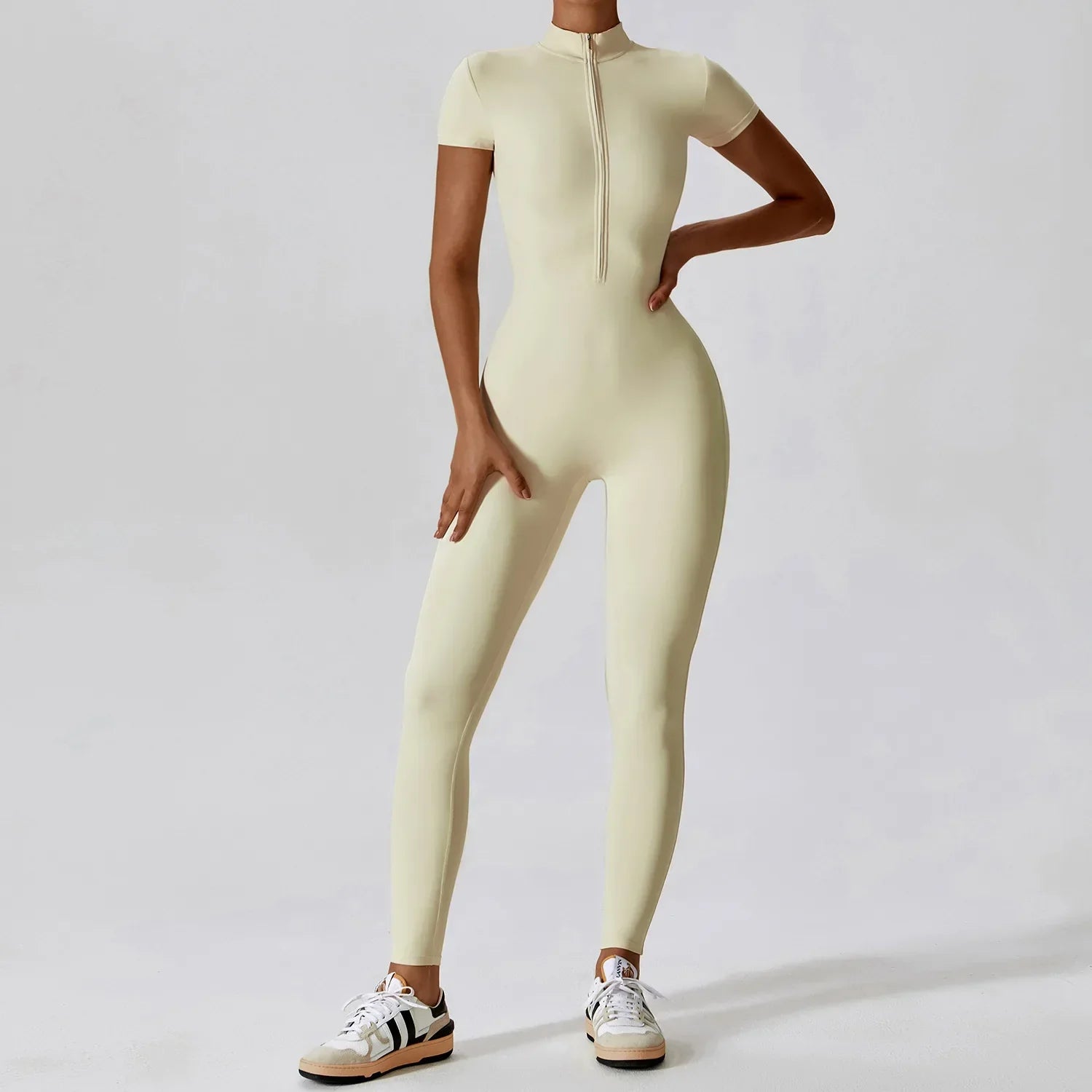 Yoga Jumpsuit Women Seamless Sports Zipper Jumpsuit Set Gym Long Sleeve Fitness Suit Elastic Gym Workout Bodysuit Athletic Wear Biege 2