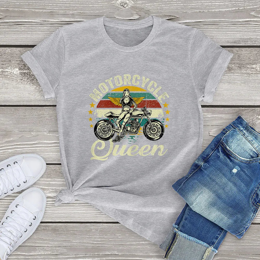 Cotton Personality Fashion Vintage Motorcycle Queen Grandma Clothing Gift Women T-Shirt Printed Unisex Tee Streetwear GRAY