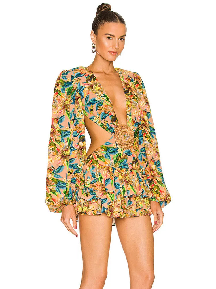 Women Summer Style Sexy Long Sleeve Hollow Out Floral Pleated Mini Bodycon Dress 2022 Elegant Evening Party Dress