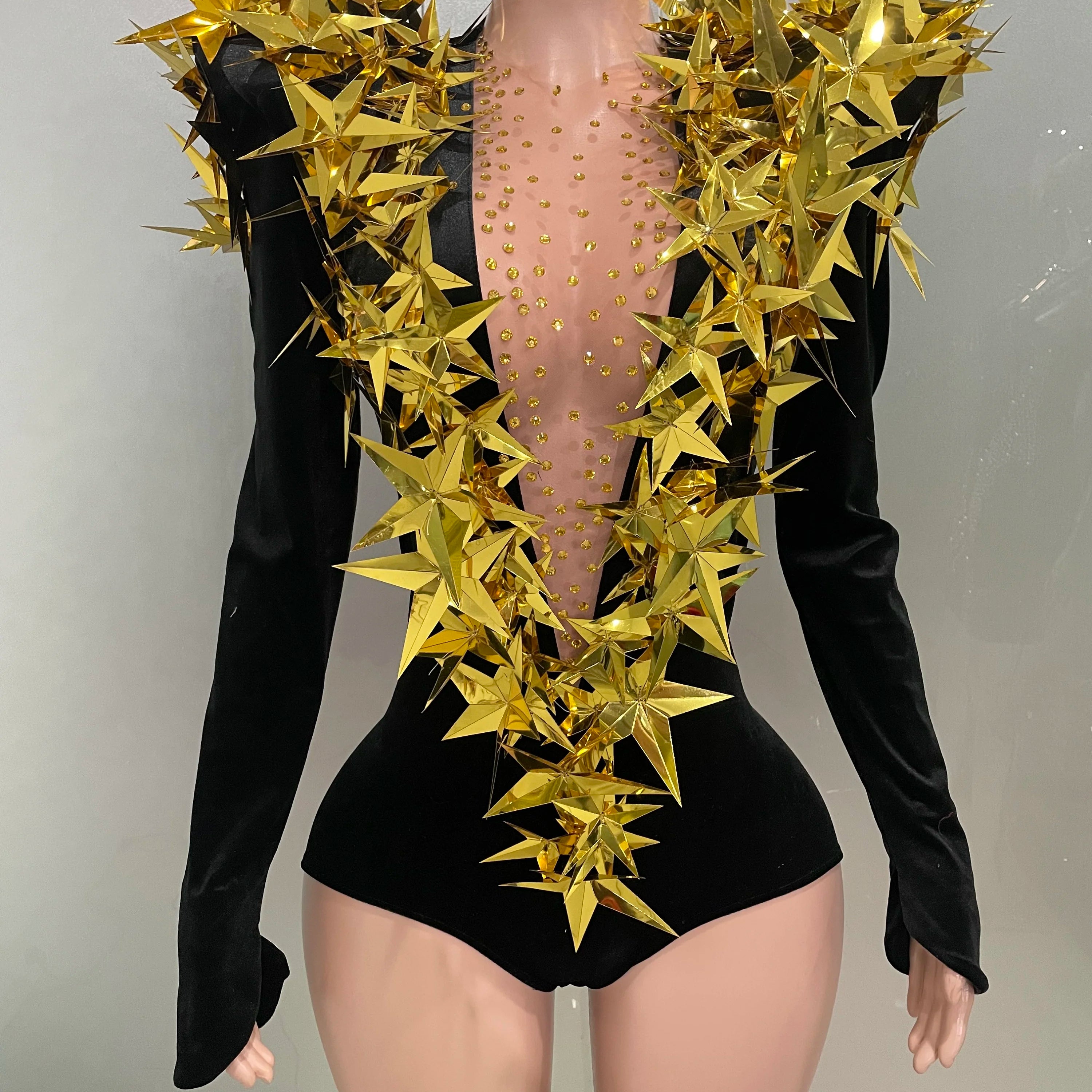 Shiny Gold Rhinestone Black Velvet Long Sleeve Bodysuit 2025 Women Evening Party Club Gala Hosts Night Club Bar Stage Costumes