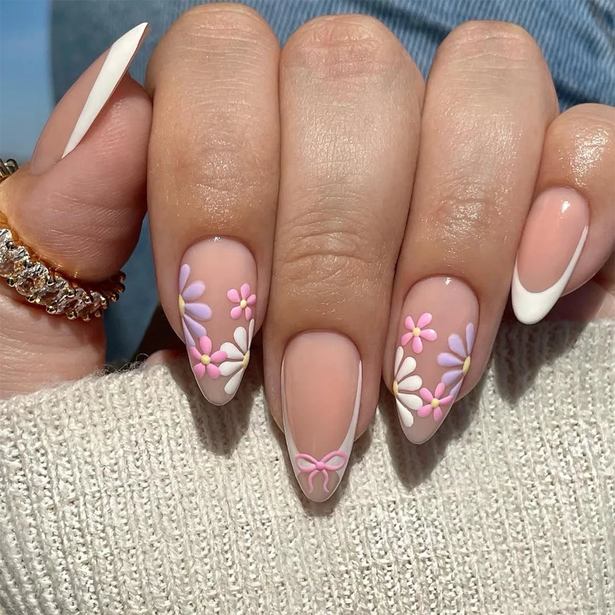 24Pcs Almond Press on Fake Nails Mid-length Round Head Nails Set with Yellow Flowers Designs Wearable French False Nail Tips