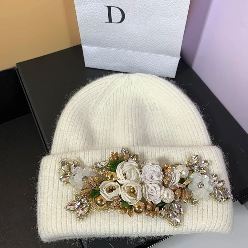 Casual Outdoor Warm Ear Protection Skiing Knitted Cap Luxury Winter Women Beanie Hat Crystal Rabbit Fur Knitted Hat for Women white