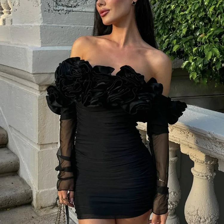 Fall Fashion Women Sexy Off Shoulder Mesh Ruched Black Flower Mini Bodycon Dress 2024 Elegant Evening Club Party Dress